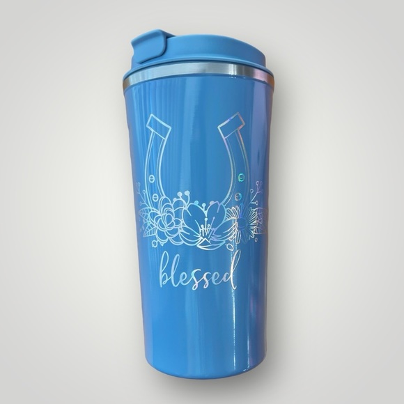 Blessed Prolatte 17oz Horseshoe & Flowers Tumbler In Blue Insulated New - Picture 1 of 12